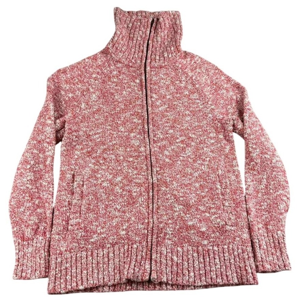 L.L. Bean Sweater‎ Women S Petite Full Zip Mock Neck Red White Knit 100% Cotton